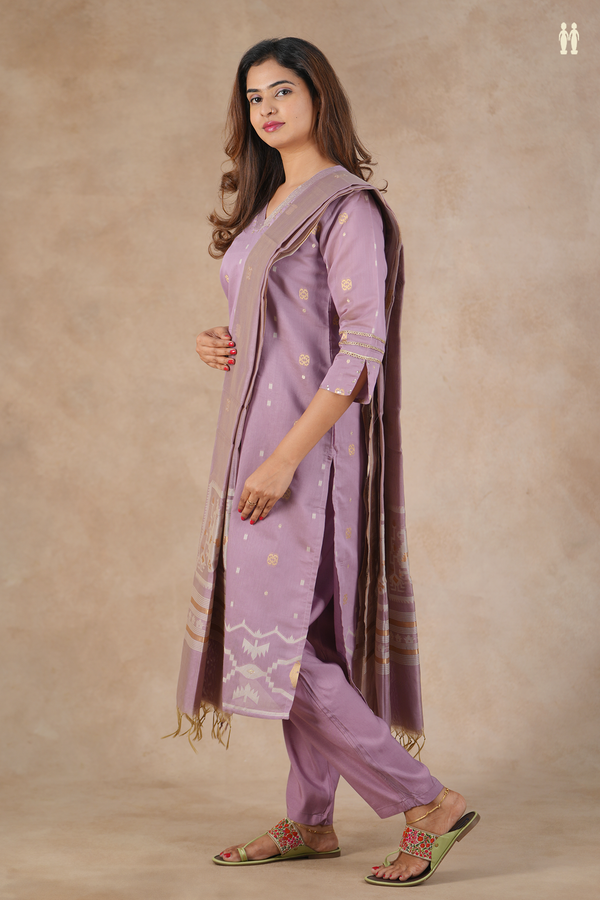 V-Neck Zari Buttas Purple Silk Cotton Salwar Set