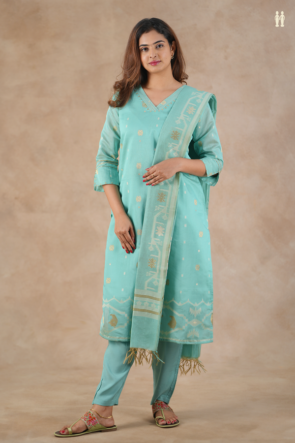V-Neck Zari Buttas Tiffany Blue Silk Cotton Salwar Set