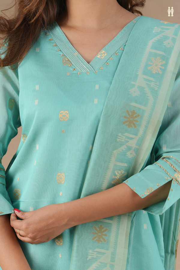 V-Neck Zari Buttas Tiffany Blue Silk Cotton Salwar Set