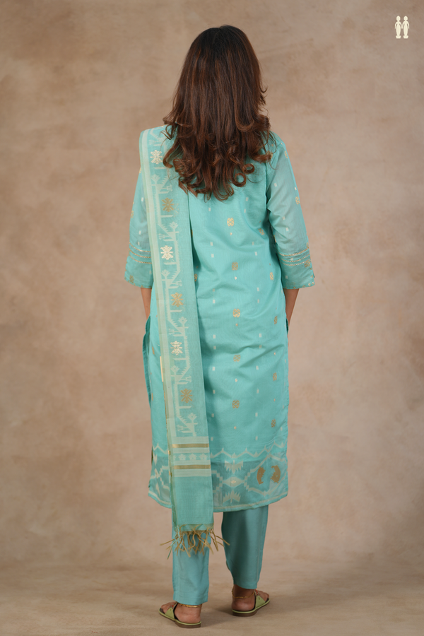 V-Neck Zari Buttas Tiffany Blue Silk Cotton Salwar Set