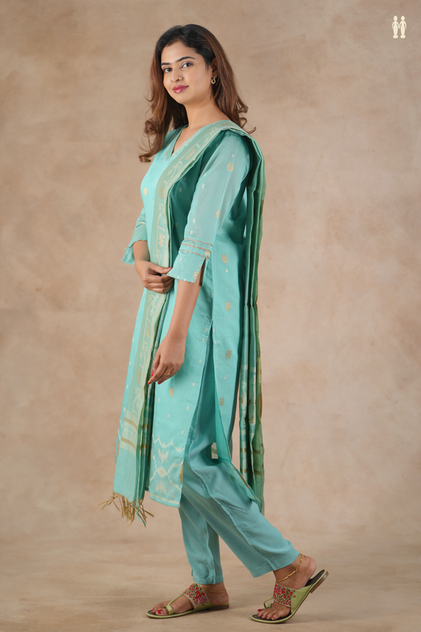 V-Neck Zari Buttas Tiffany Blue Silk Cotton Salwar Set