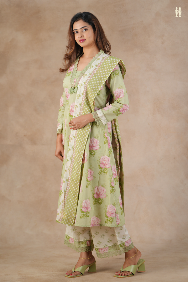 V-Neck Floral Design Sage Green Cotton Salwar Set