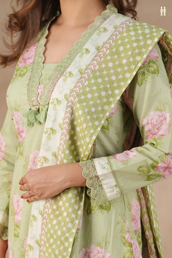 V-Neck Floral Design Sage Green Cotton Salwar Set