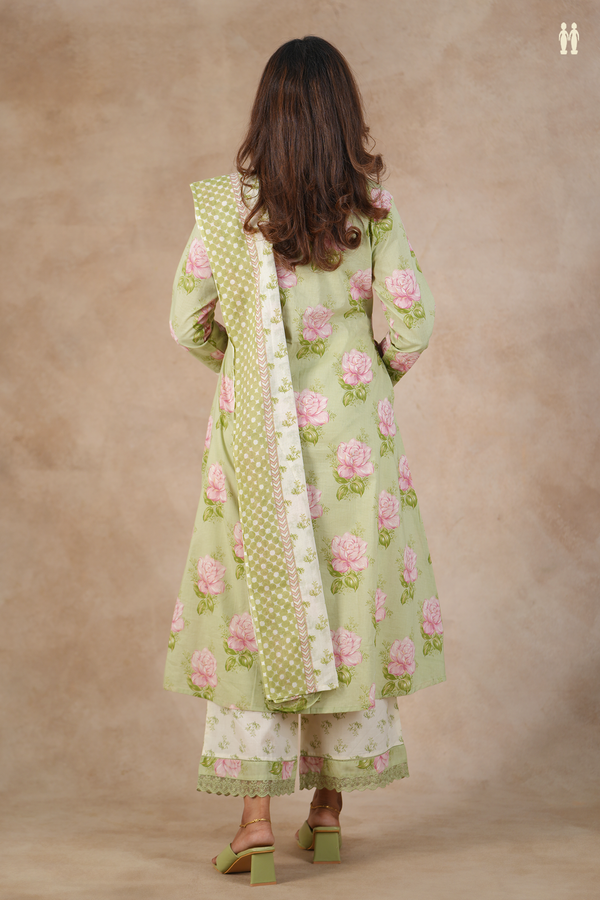 V-Neck Floral Design Sage Green Cotton Salwar Set