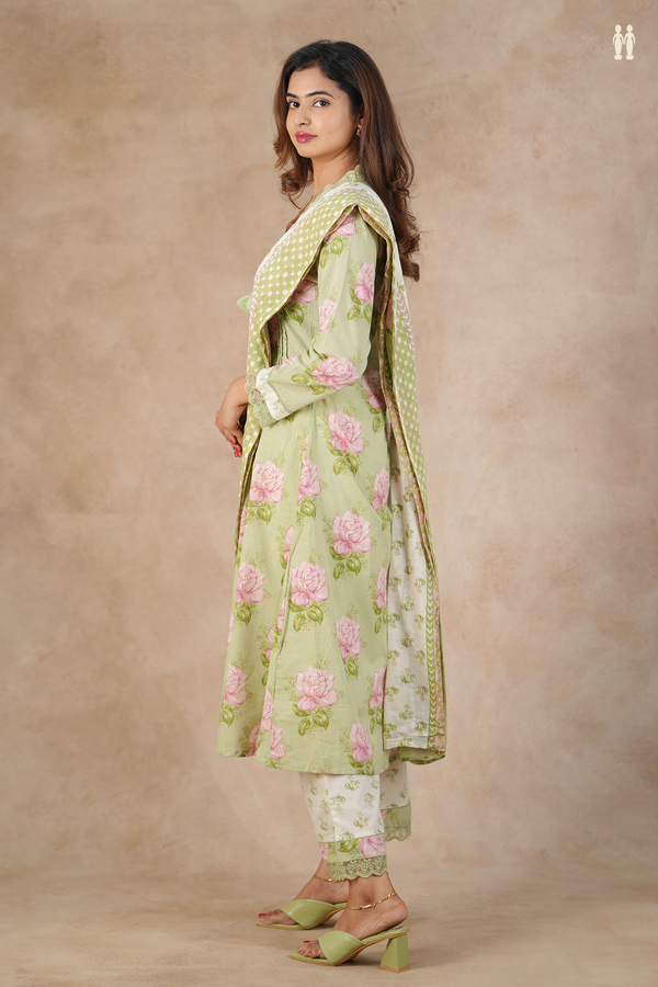 V-Neck Floral Design Sage Green Cotton Salwar Set
