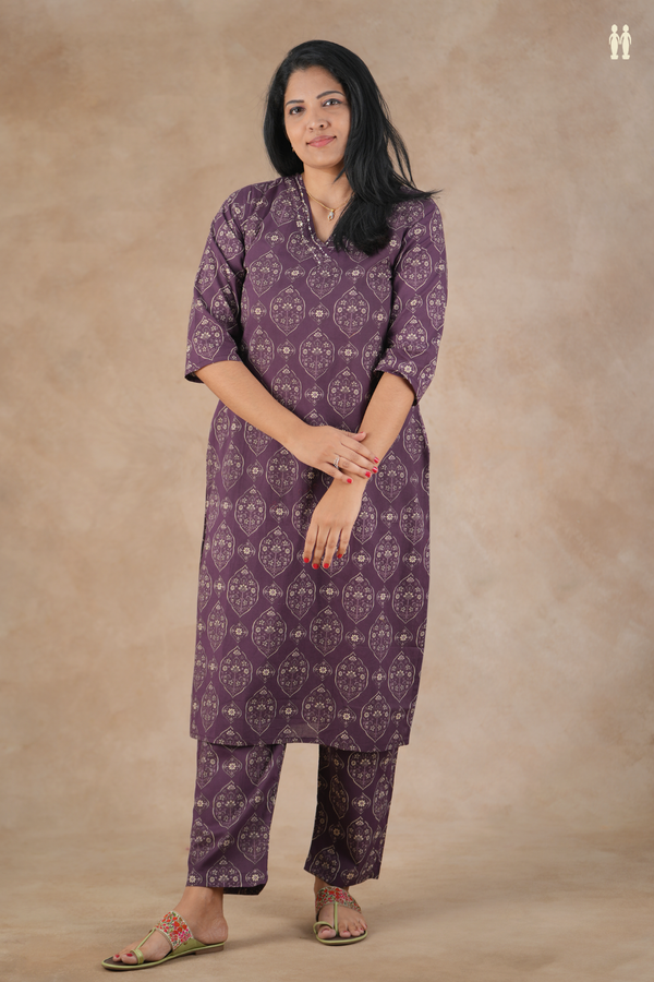 V-Neck Printed Design Purple Cotton Salwar Set