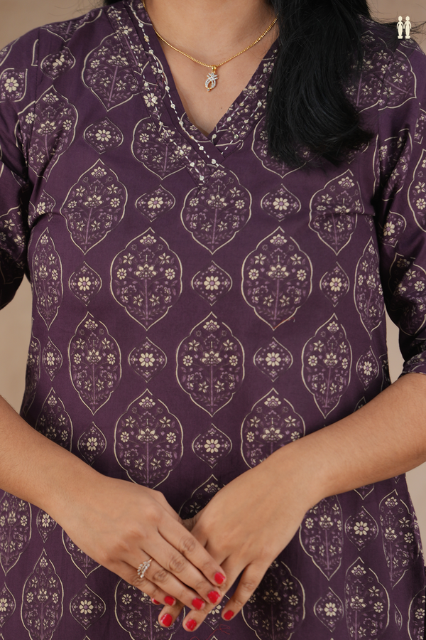V-Neck Printed Design Purple Cotton Salwar Set