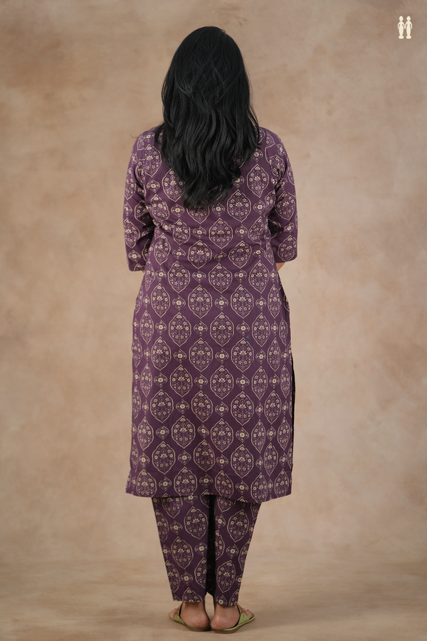 V-Neck Printed Design Purple Cotton Salwar Set
