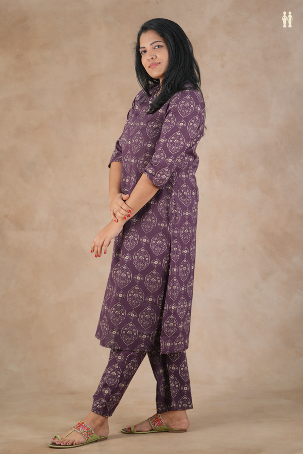 V-Neck Printed Design Purple Cotton Salwar Set