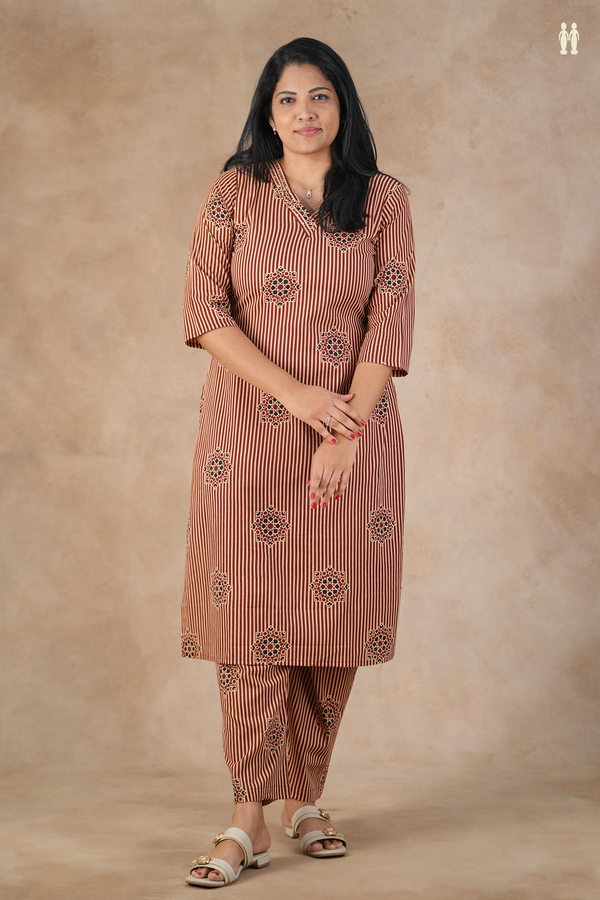 V-Neck Stripes Design Cream And Red Cotton Salwar Set