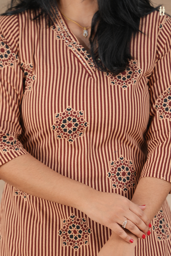 V-Neck Stripes Design Cream And Red Cotton Salwar Set