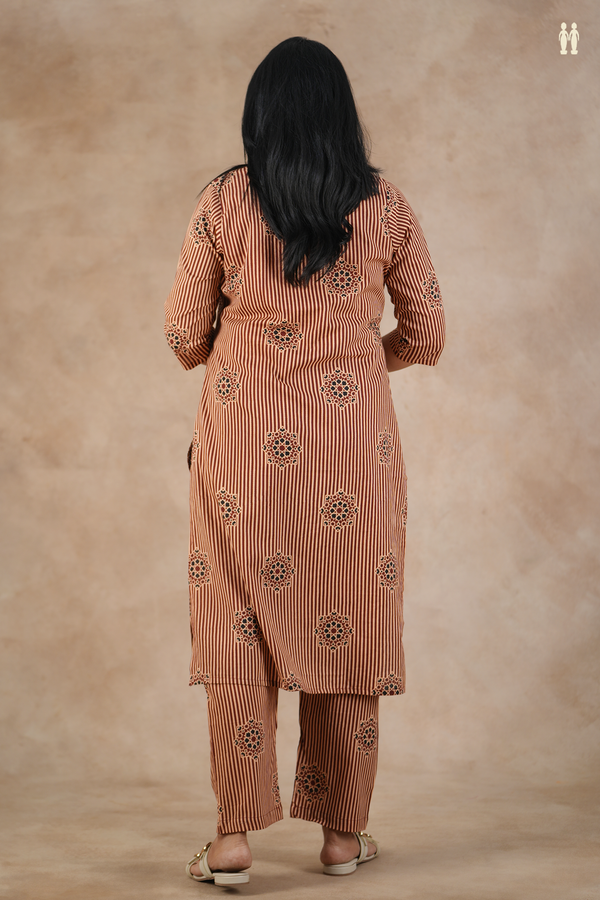 V-Neck Stripes Design Cream And Red Cotton Salwar Set