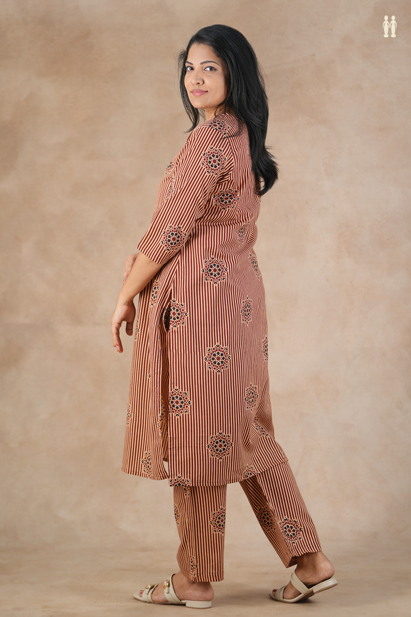 V-Neck Stripes Design Cream And Red Cotton Salwar Set