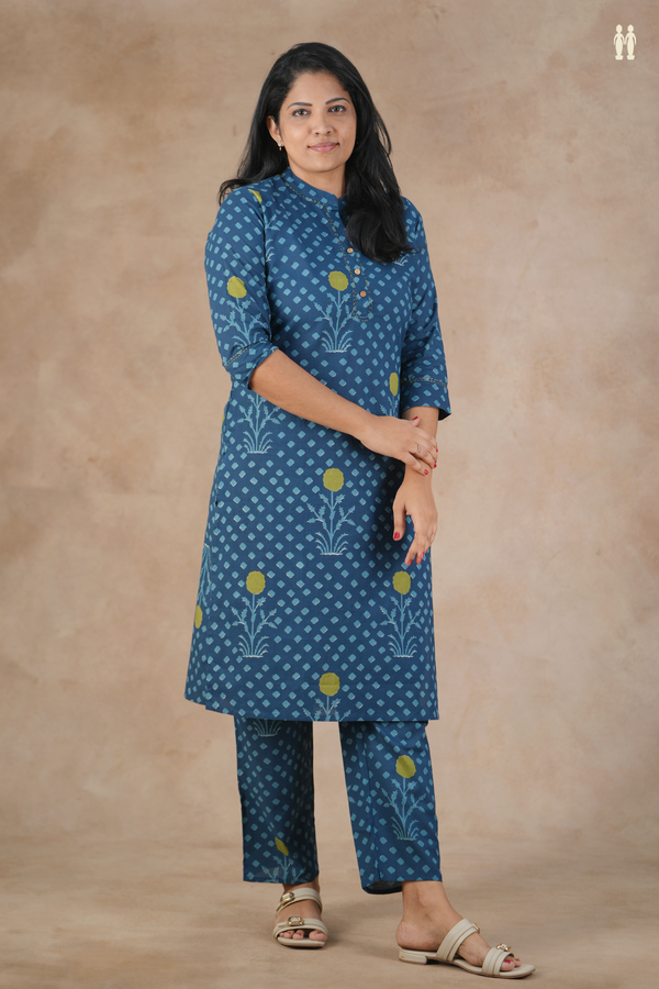 Mandarin Neck Printed Design Prussian Blue Cotton Salwar Set