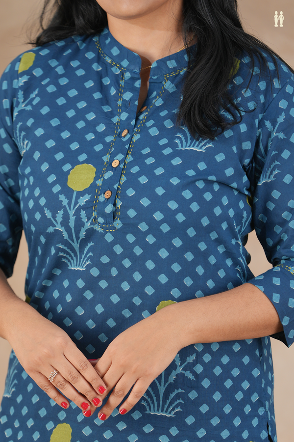 Mandarin Neck Printed Design Prussian Blue Cotton Salwar Set