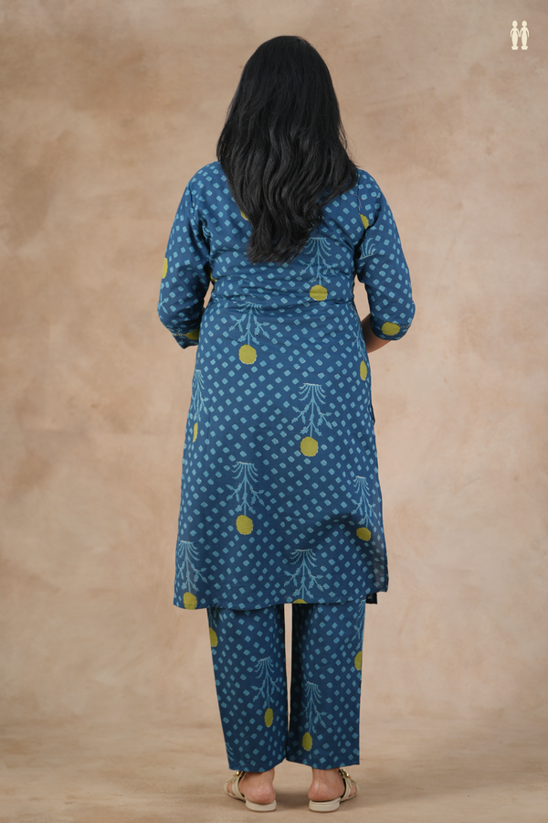 Mandarin Neck Printed Design Prussian Blue Cotton Salwar Set