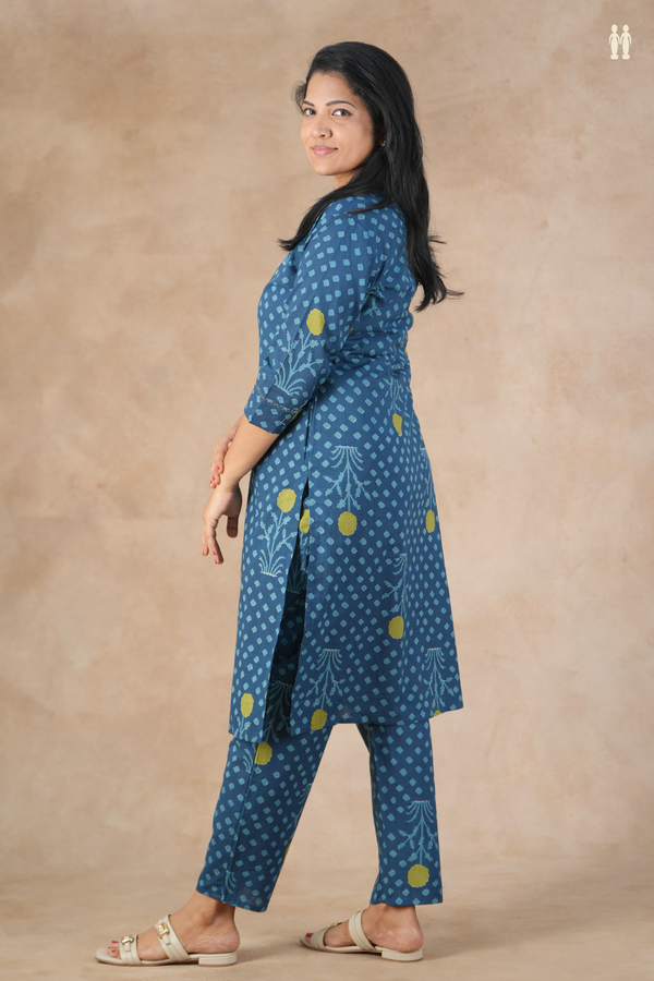 Mandarin Neck Printed Design Prussian Blue Cotton Salwar Set