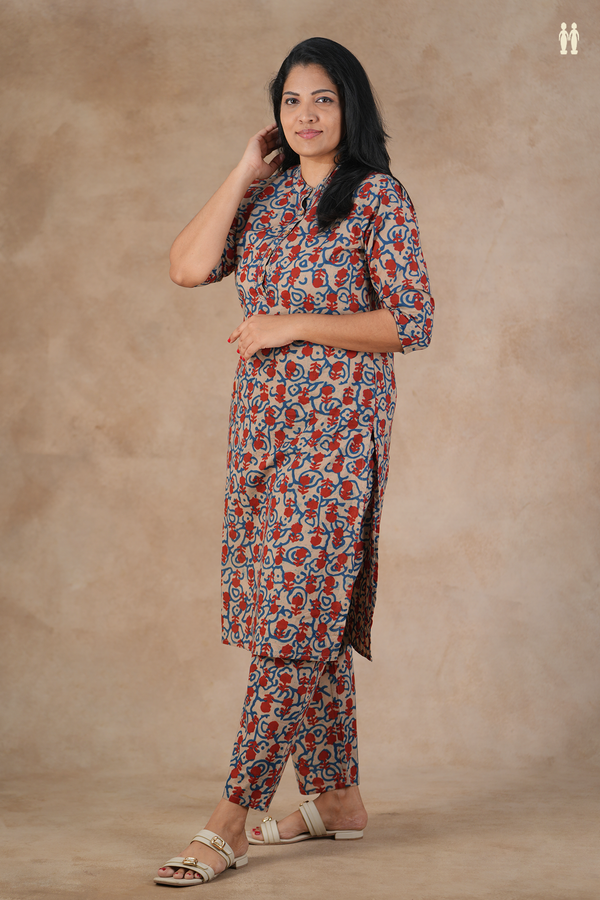 Mandarin Neck Printed Design Brown Cotton Salwar Set