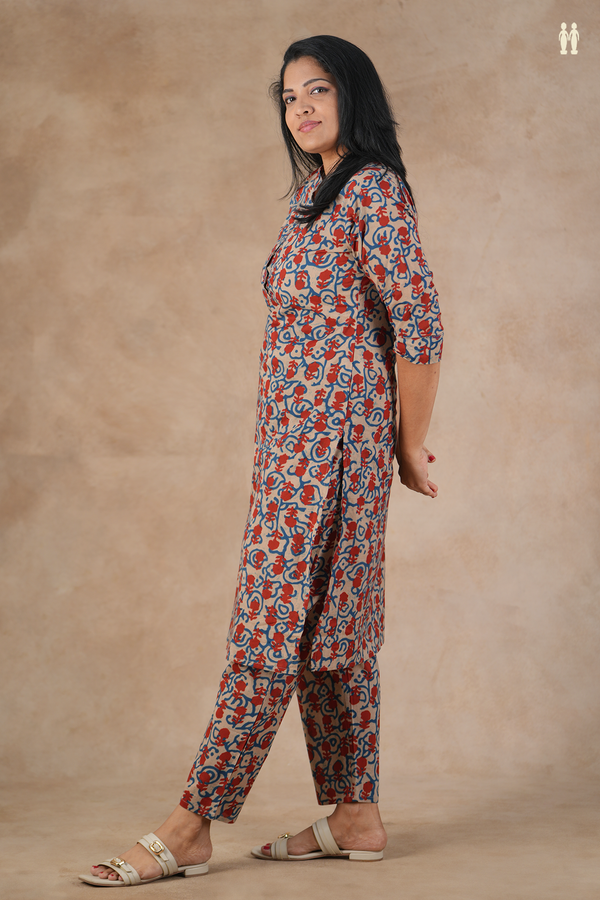 Mandarin Neck Printed Design Brown Cotton Salwar Set