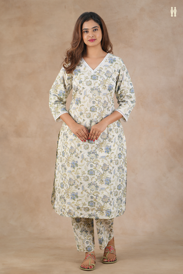 V-Neck Floral Design White Cotton Salwar Set