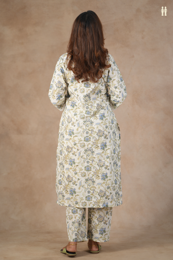 V-Neck Floral Design White Cotton Salwar Set