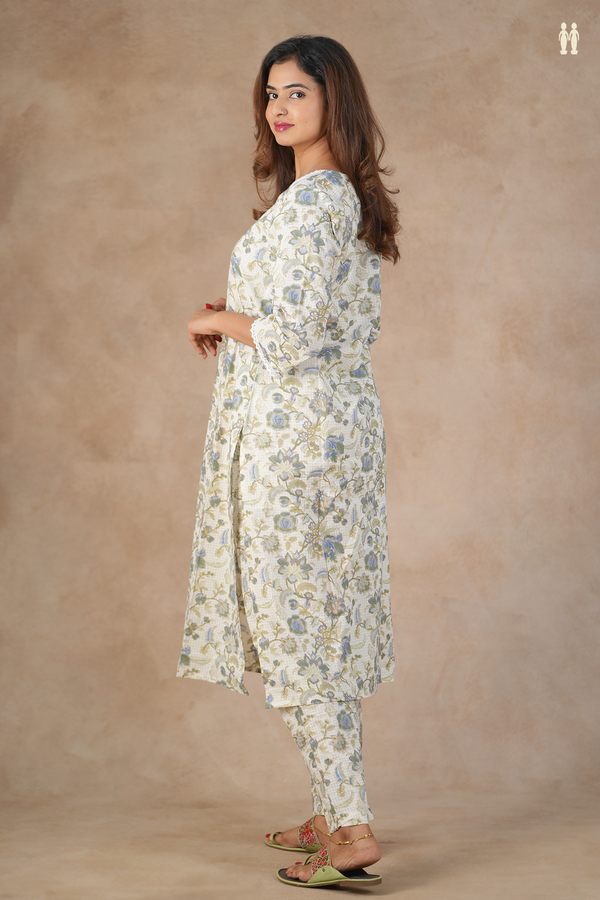 V-Neck Floral Design White Cotton Salwar Set