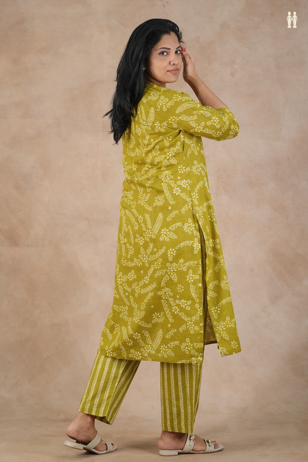 Split Neck Printed Design Green Cotton Salwar Set