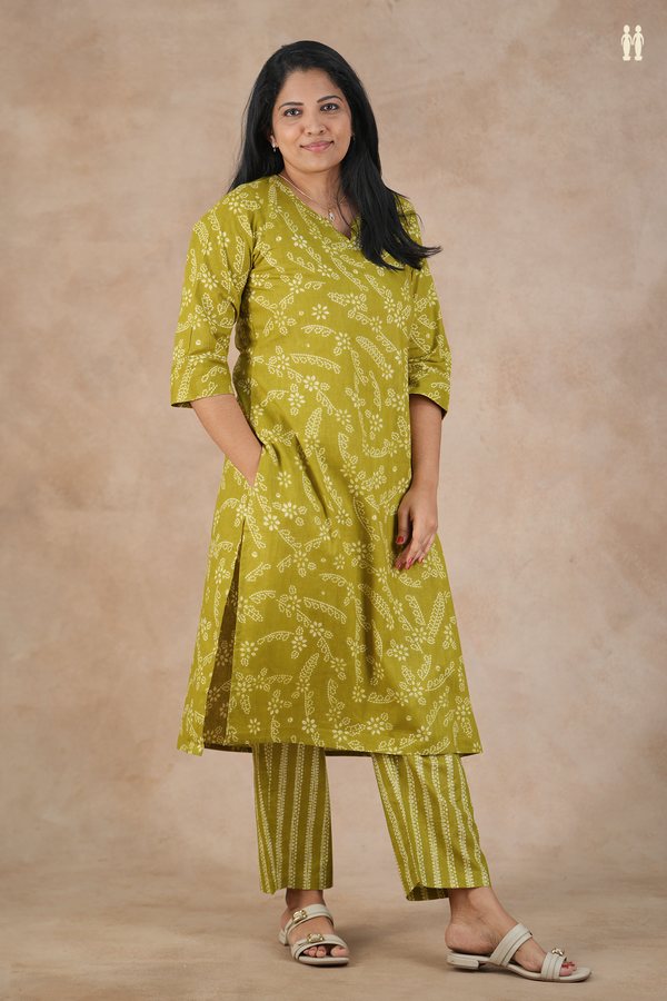 Split Neck Printed Design Green Cotton Salwar Set