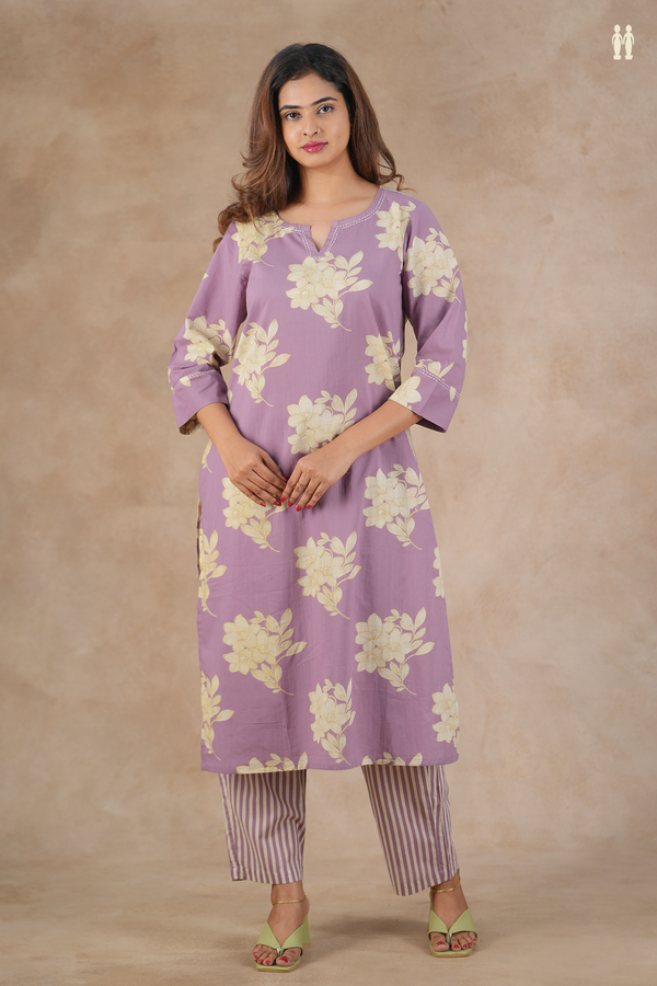 Split Neck Floral Design Lavender Cotton Salwar Set