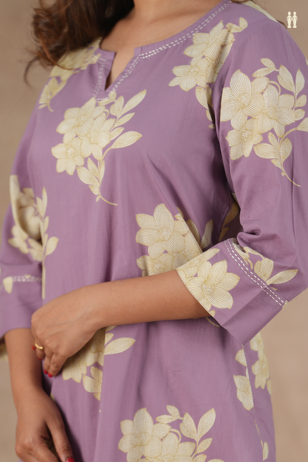 Split Neck Floral Design Lavender Cotton Salwar Set