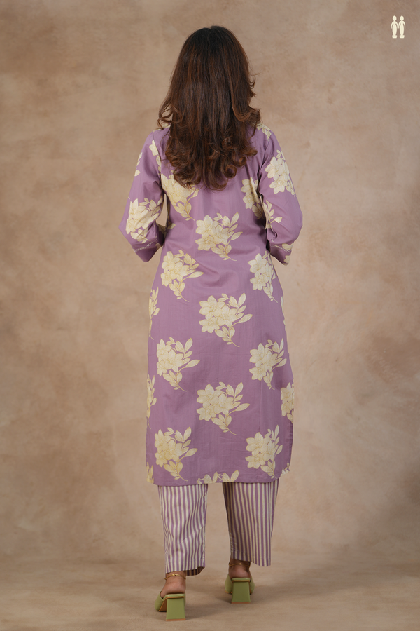 Split Neck Floral Design Lavender Cotton Salwar Set