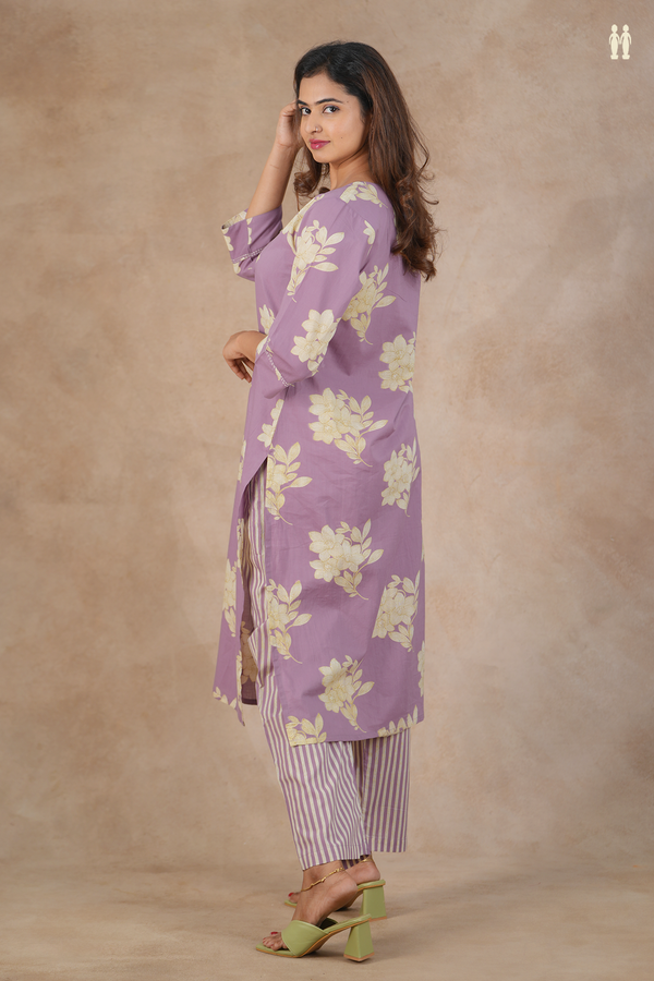 Split Neck Floral Design Lavender Cotton Salwar Set