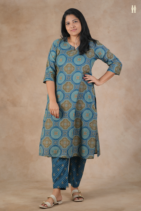 Split Neck Printed Design Teal Blue Cotton Salwar Set