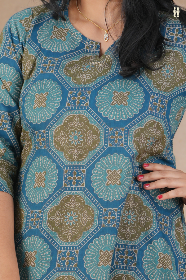 Split Neck Printed Design Teal Blue Cotton Salwar Set