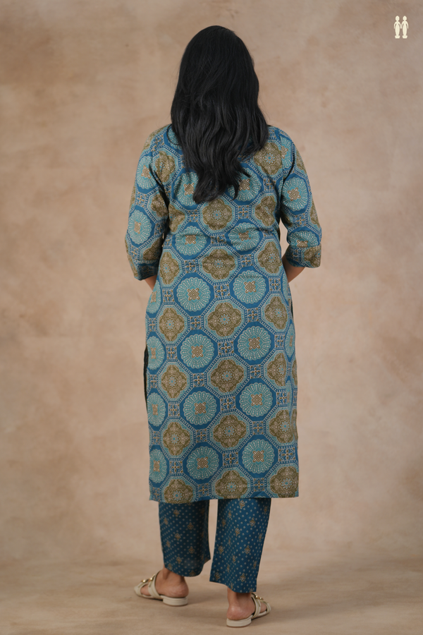 Split Neck Printed Design Teal Blue Cotton Salwar Set