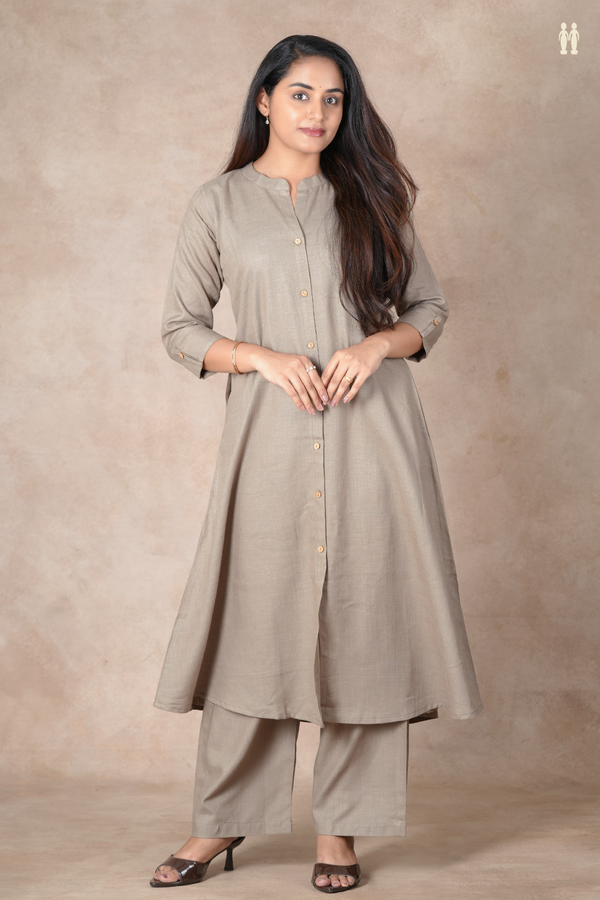Mandarin Neck Plain Dusty Olive Cotton Salwar Set