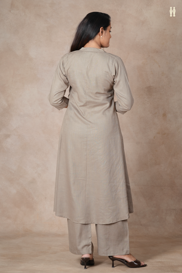 Mandarin Neck Plain Dusty Olive Cotton Salwar Set