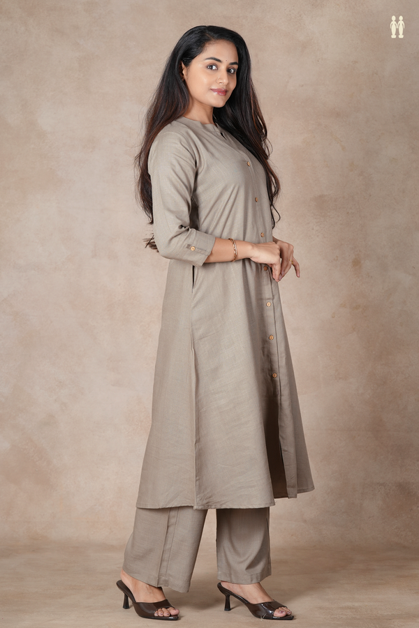 Mandarin Neck Plain Dusty Olive Cotton Salwar Set