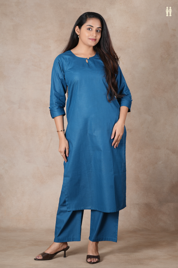 Round Plain Teal Blue Cotton Salwar Set