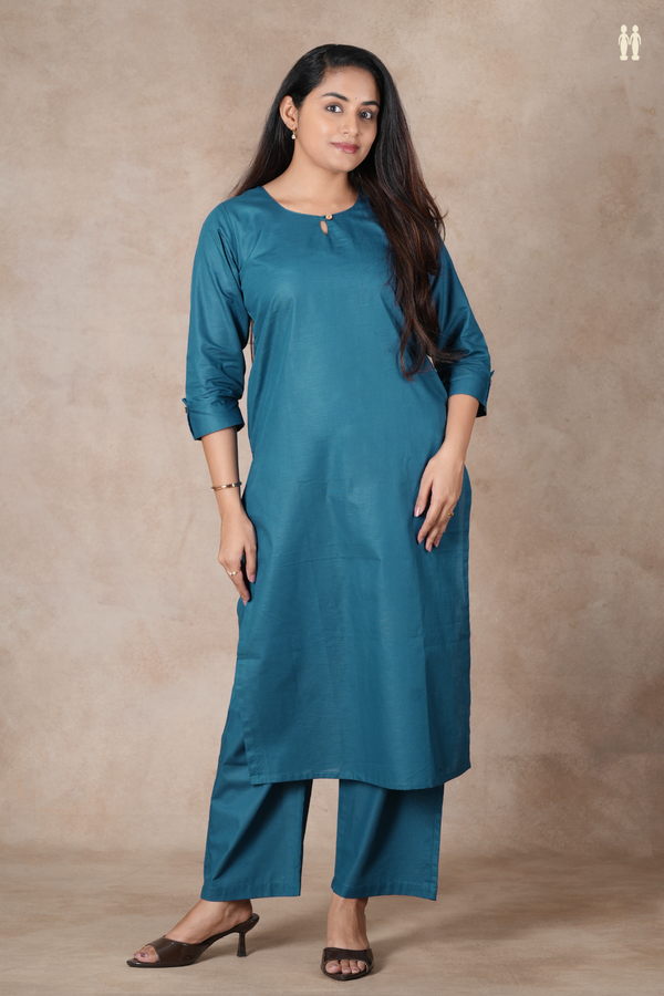Round Plain Teal Blue Cotton Salwar Set