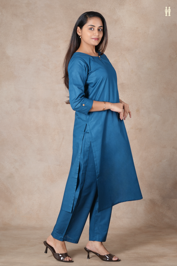 Round Plain Teal Blue Cotton Salwar Set