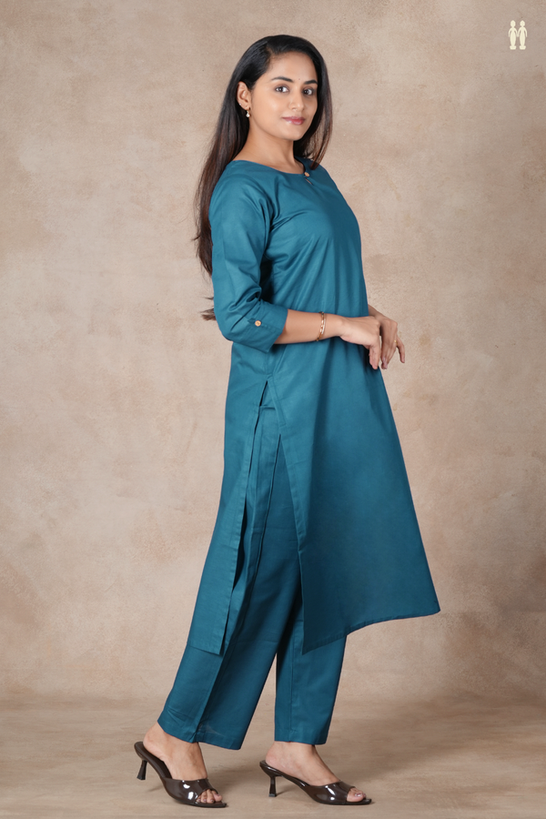 Round Plain Teal Blue Cotton Salwar Set
