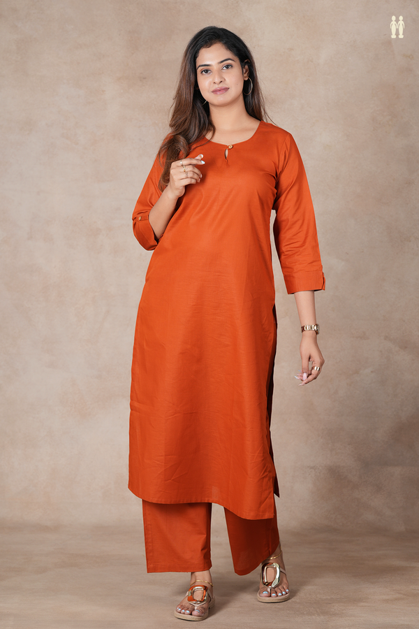 Round Neck Plain Rust Orange Cotton Salwar Set