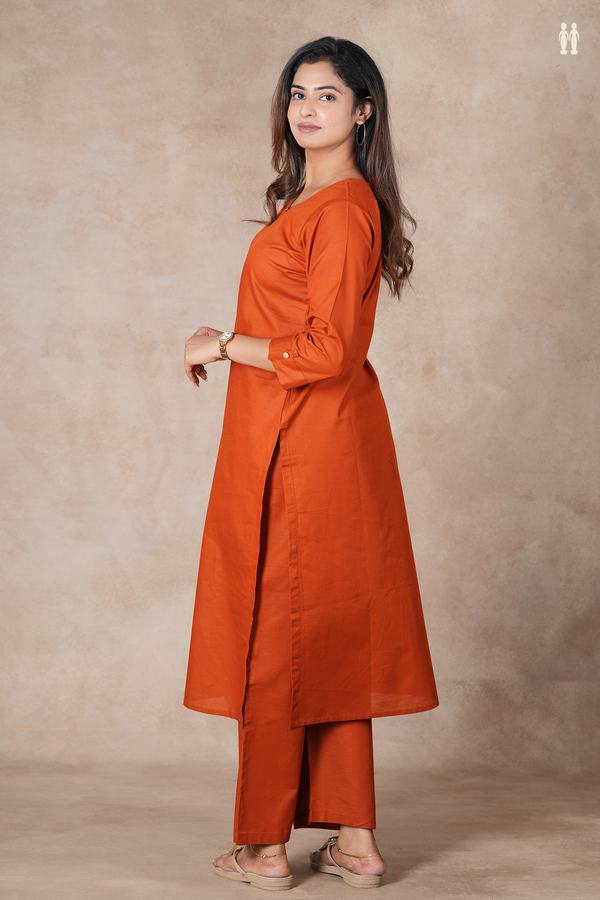 Round Neck Plain Rust Orange Cotton Salwar Set