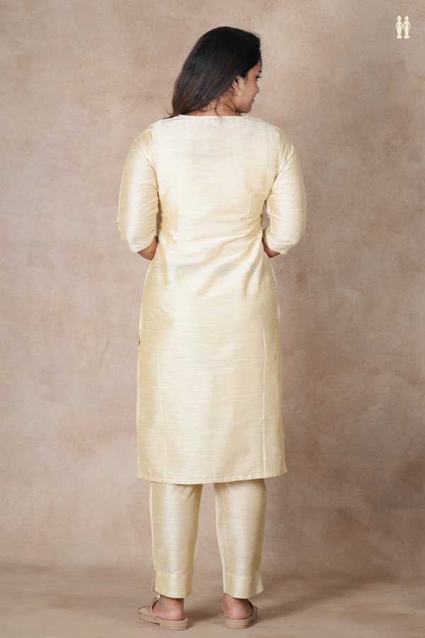 Round Neck Plain Cream Color Semi Raw Silk Salwar Set