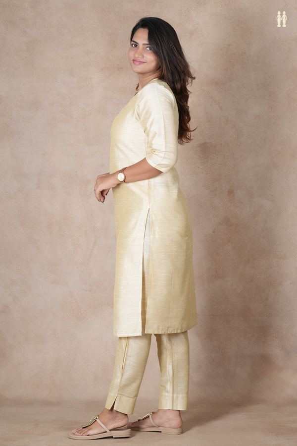 Round Neck Plain Cream Color Semi Raw Silk Salwar Set