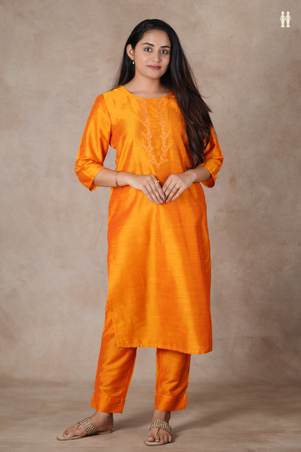 Round Neck Plain Orange Semi Raw Silk Salwar Set