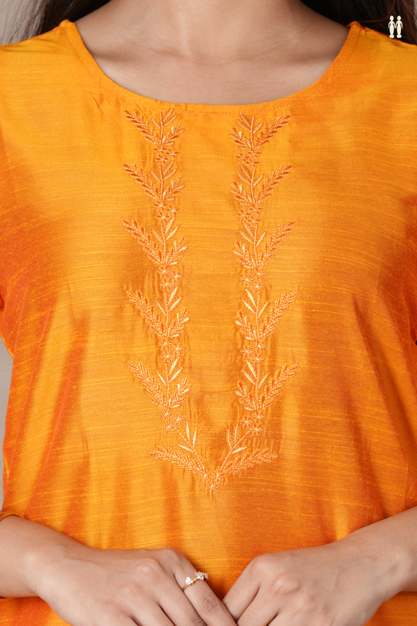 Round Neck Plain Orange Semi Raw Silk Salwar Set