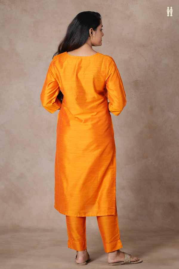 Round Neck Plain Orange Semi Raw Silk Salwar Set