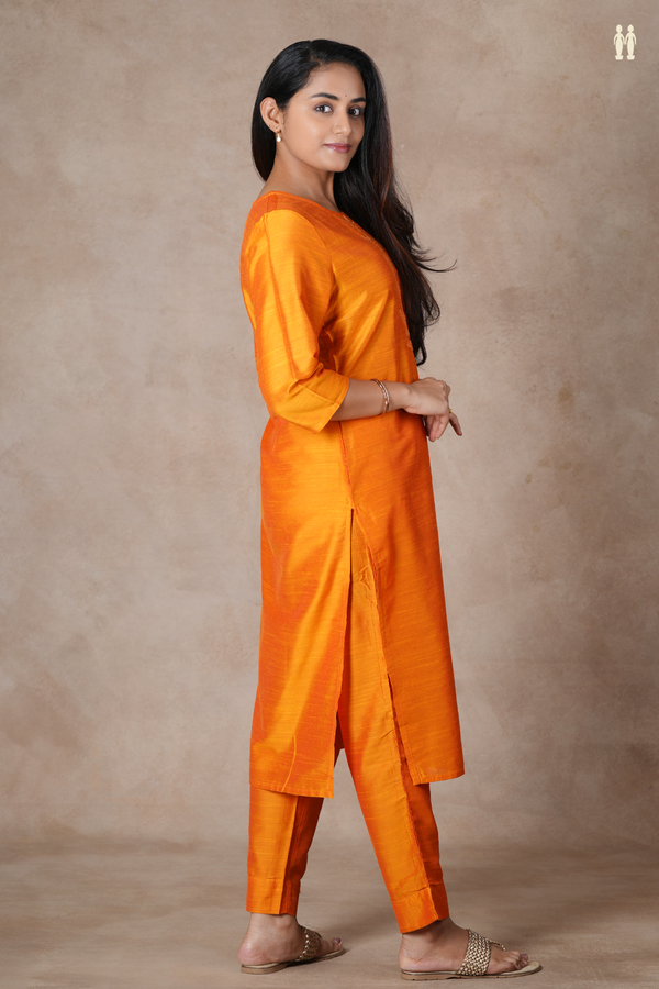Round Neck Plain Orange Semi Raw Silk Salwar Set